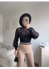 Sırt Dekolteli Şifon Bodysuit - SİYAH