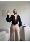 Sırt Dekolteli Şifon Bodysuit - SİYAH