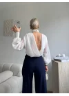 Sırt Dekolteli Şifon Bodysuit - BEYAZ
