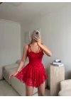Şortlu Bel Korse Dantel Elbise - KIRMIZI