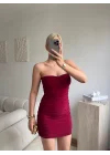 Straplez Drapeli Mini Elbise - BORDO