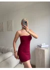 Straplez Drapeli Mini Elbise - BORDO