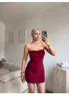 Straplez Drapeli Mini Elbise - BORDO