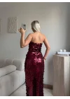 Straplez Pullu Elbise - BORDO