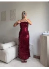 Straplez Pullu Elbise - BORDO