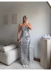 Straplez Pullu Elbise - GÜMÜŞ