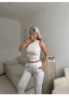 Tek Omuz Crop & Pantolon Takım - BEYAZ