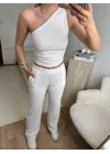 Tek Omuz Crop & Pantolon Takım - BEYAZ