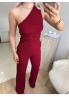Tek Omuz Crop & Pantolon Takım - BORDO