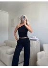 Tek Omuz Crop & Pantolon Takım - SİYAH