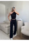Tek Omuz Crop & Pantolon Takım - SİYAH