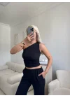 Tek Omuz Crop & Pantolon Takım - SİYAH