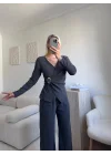 Tokalı Kruvaze Pantolon Takım - FÜME