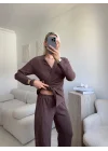 Tokalı Kruvaze Pantolon Takım - KAHVE