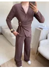 Tokalı Kruvaze Pantolon Takım - KAHVE