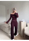 Tokalı Madonna Crop & Pantolon Takım - BORDO