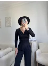 Toparlayıcı Fit Drapeli Bluz - SİYAH