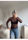 Transparan Dantel Bluz - KAHVE