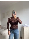 Transparan Dantel Bluz - KAHVE