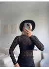 Transparan Dantel Bluz - SİYAH