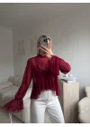 Tül Volanlı Tasarım Bluz - BORDO