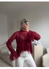 Tül Volanlı Tasarım Bluz - BORDO