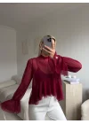 Tül Volanlı Tasarım Bluz - BORDO