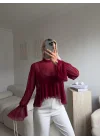 Tül Volanlı Tasarım Bluz - BORDO