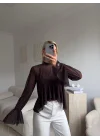 Tül Volanlı Tasarım Bluz - KAHVE