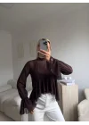 Tül Volanlı Tasarım Bluz - KAHVE