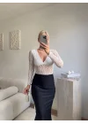 Uzun Kollu Dantel Bodysuit - BEYAZ