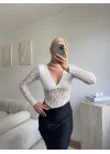 Uzun Kollu Dantel Bodysuit - BEYAZ