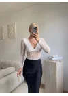 Uzun Kollu Dantel Bodysuit - BEYAZ