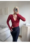 Uzun Kollu Dantel Bodysuit - BORDO