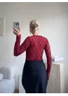 Uzun Kollu Dantel Bodysuit - BORDO