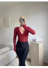 Uzun Kollu Dantel Bodysuit - BORDO
