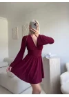 V Dekolte Şortlu Elbise - BORDO