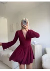 V Dekolte Şortlu Elbise - BORDO