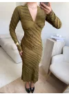 V Yaka Ters Dikiş Elbise - HAKİ