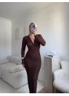 V Yaka Ters Dikiş Elbise - KAHVE