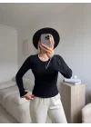 Volan Kol Kontrast Bluz - SİYAH