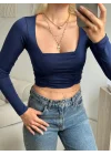 Yan Büzgü Kare Yaka Crop - LACİVERT