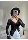 Yırtmaç Detay Dantel Crop - SİYAH
