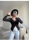 Yırtmaç Detay Dantel Crop - SİYAH