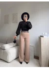 Yüksek Bel Geniş Paça Kumaş Pantolon - BEJ