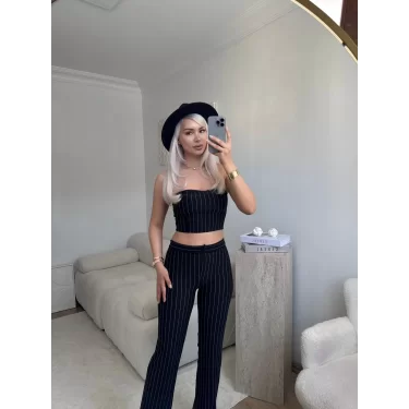 Çizgili Straplez Crop & Pantolon Takım - SİYAH