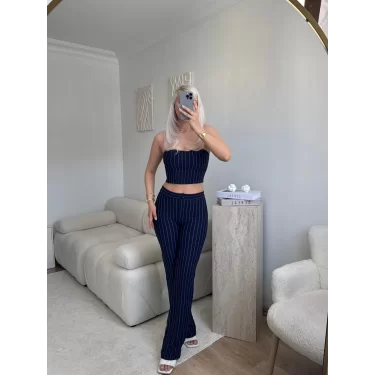 Çizgili Straplez Crop & Pantolon Takım - LACİVERT