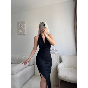 Drapeli Halter Yaka Asimetrik Elbise - SİYAH