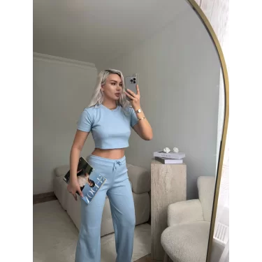Kaşkorse Crop & Pantolon Takım - MAVİ