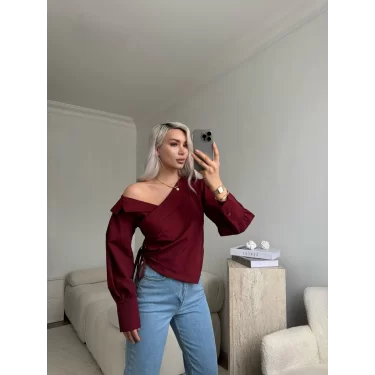 Omuz Açık Asimetrik Gömlek - BORDO